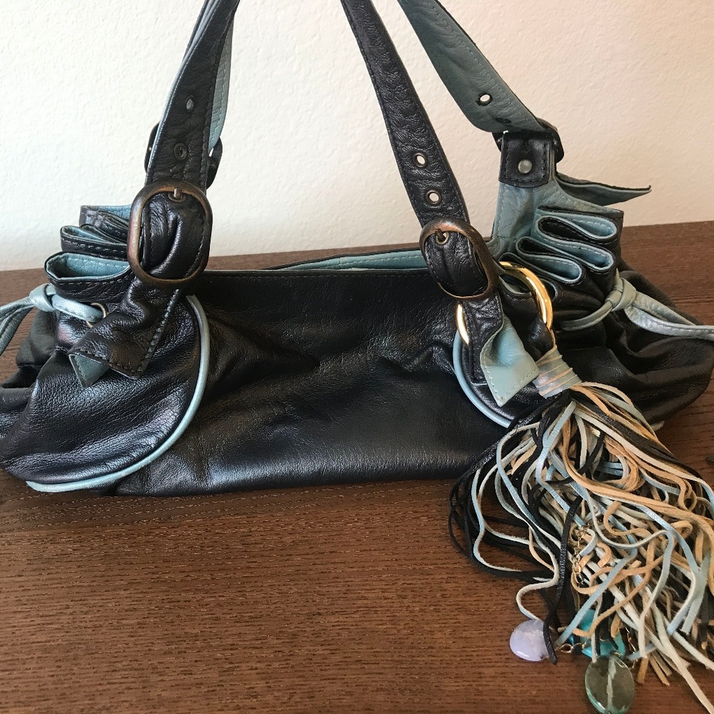 SOBELLA METALLIC BLUE BAG WITH EMBELLISHED TASSLE